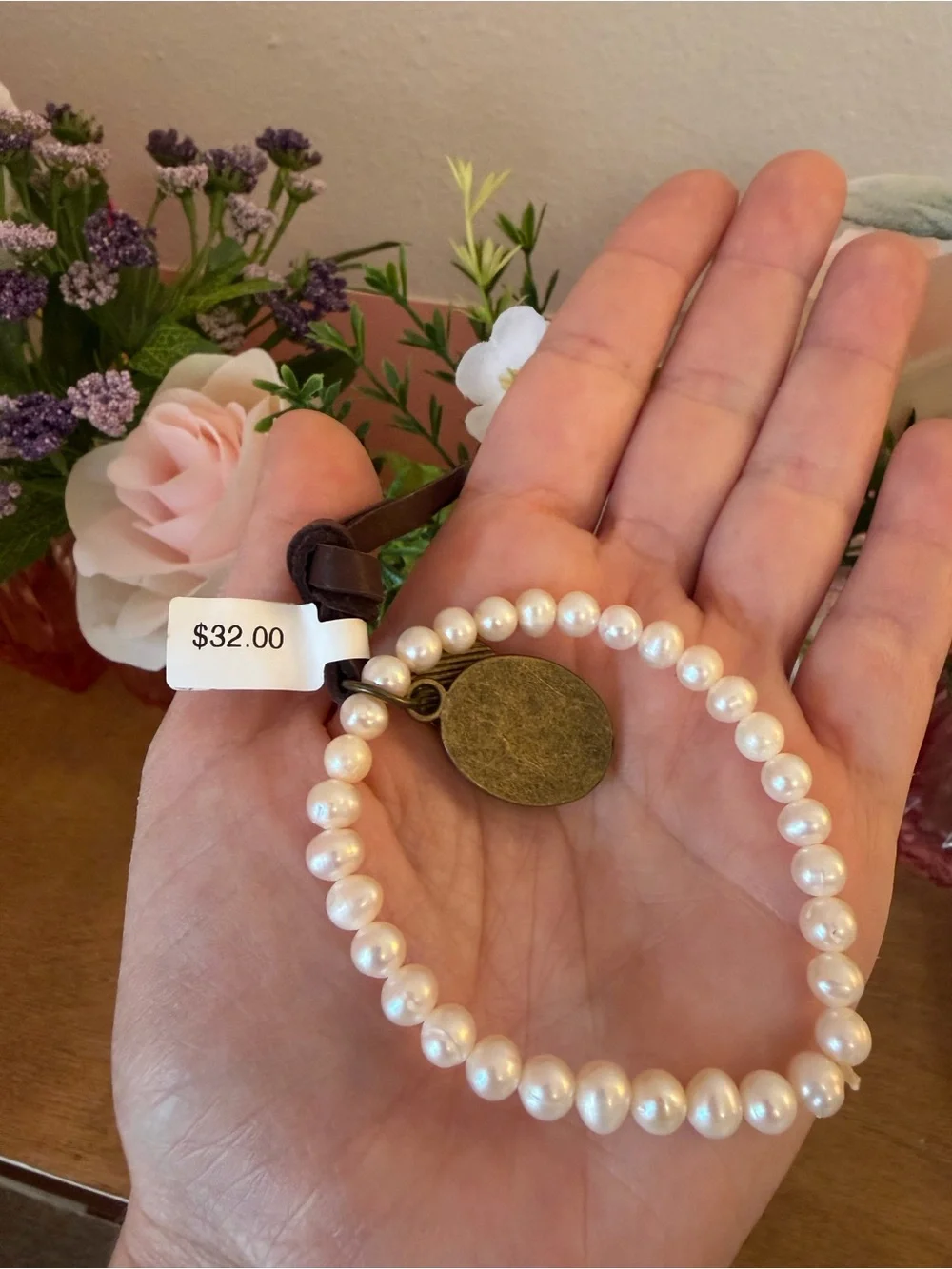 Boutique Faux Pearl Bracelet LV Leather Charm NWT